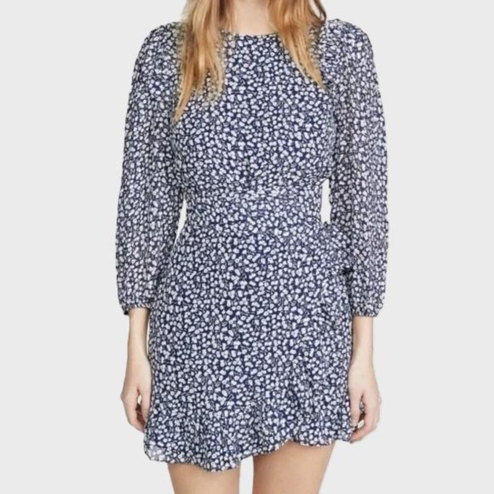 Like New Reformation Quest Mini Wrapq Dress in Soho Print, Size 6, Navy/White